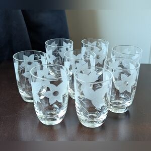 Vintage MCM Clear Floral Etched 3 Inch Small Tumbler/Juice Glass Set Of 8